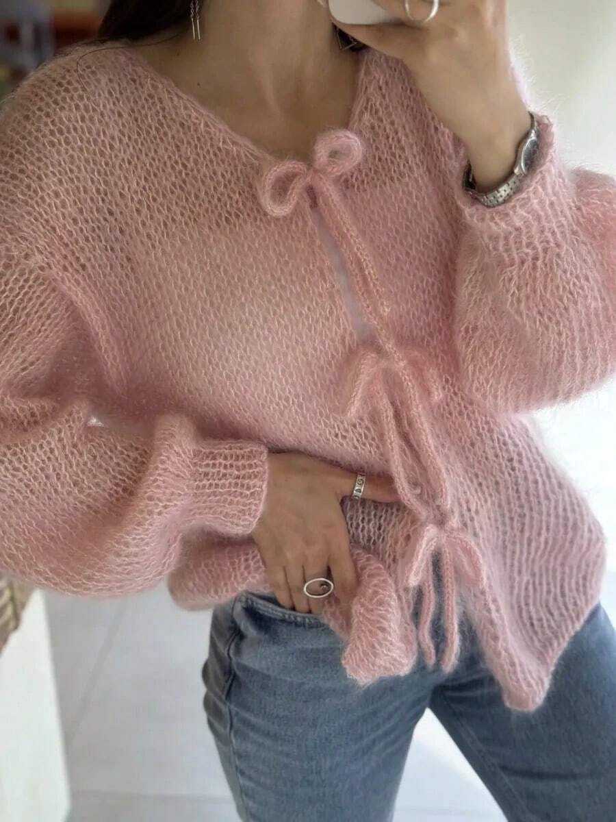 Cárdigan con lazo elegante para mujer de talla grande, suéter de punto acanalado adecuado para vacaciones, Día de San Valentín, uso casual, en el hogar, la escuela, diario, fiestas, oficina, primavera/verano - Rosa - Ver 1