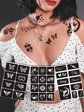 Plantilla de tatuaje calada en tamaño A4, pegatina de tatuaje temporal personalizada con dibujos a mano de mariposas, flores, estrellas, lunas y tótems de pájaros, adecuada para fiestas, se puede aplicar en dedos, orejas, espalda, hombros, cuello, clavícula y otras partes, unisex, tatuaje simulado semipermanenteimpermeable