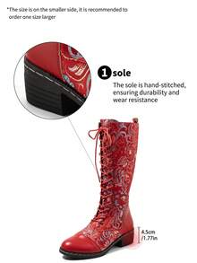 秋冬女士花卉刺绣中筒靴，时尚系带侧拉链粗跟圆头舒适防滑连衣裙靴，西部风格，圣诞装扮 - 紅色 - 查看 8