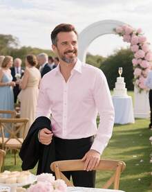 Men's Wrinkle Dress Shirts Formal Long Sleeve Button Down Wedding Business, Style - Pink - View 4