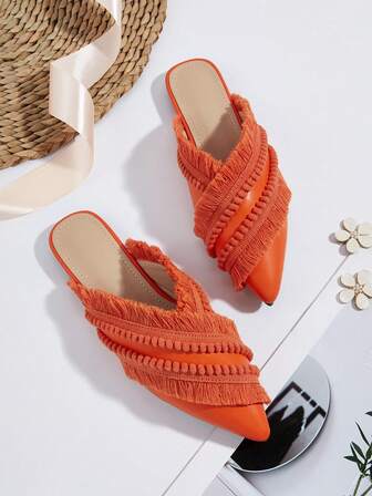 橙色PU皮革毛球流苏装饰波西米亚风度假风平底乐福鞋，女士款，毛球流苏装饰长度和数量随机