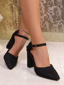 Women's Fashion New Thick Heel Strap Adjustable Buckle Commuting Work Sandals, Simple Elegant Formal Business Closed Toe High Heels, Suitable For All Seasons - Black - View 4