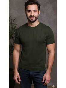 Men's Formal Shirt, Modal Knit, Elegant T-Shirt - 軍綠色 - 查看 4
