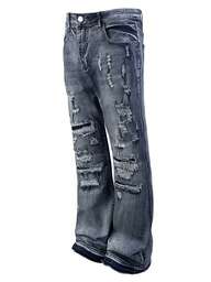 Jeans acampanados, jeans acampanados de moda para hombres, jeans acampanados de ajuste ceñido, jeans acampanados desgastados con parches, jeans apilados lavados Y2K, jeans bordados lavados únicos, aptos para todas las estaciones