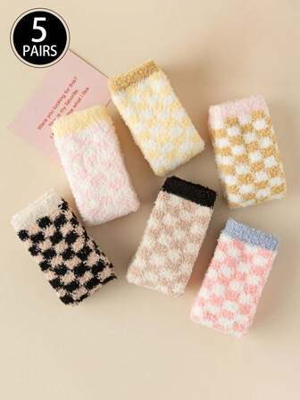 5 pares (colores aleatorios) de calcetines de media caña acolchados a cuadros, calcetines cálidos para el piso y calcetines para dormir para mujeres, otoño/invierno
