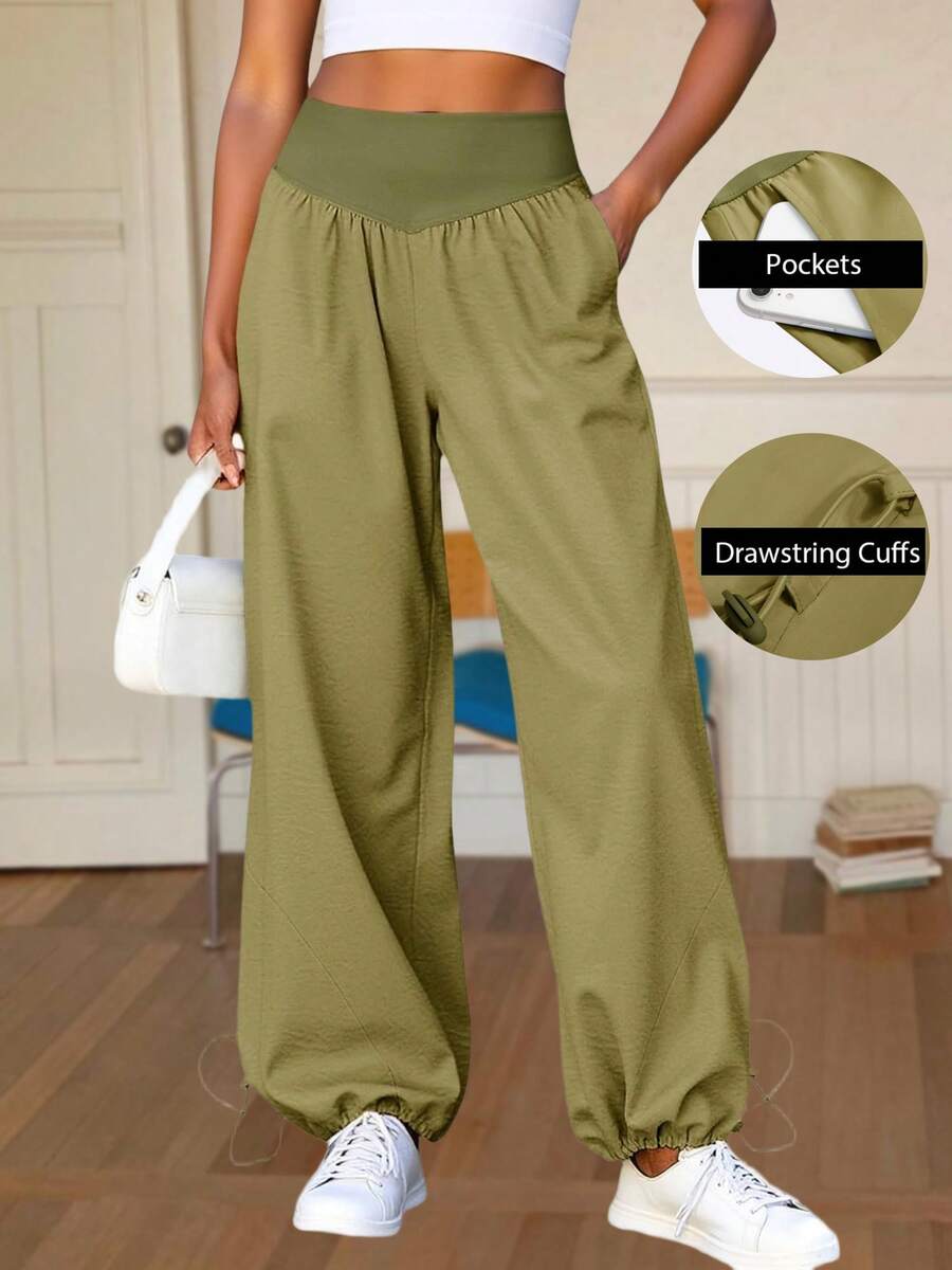 Womens Athletic Wide Leg Track Pants High Waist Drawstring Cuffs Loose Fit Workout Jogger Outdoor Lounge Pants With Pockets - xanh quân đội - Xem 1