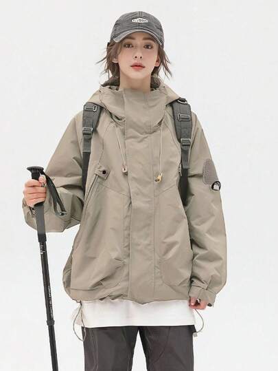 女士防风夹克，防水轻便宽松户外外套，长袖连帽，春季服装