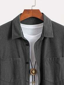 Áo sơ mi nam thời trang bằng vải nhung kẻ, cổ bẻ, cài cúc phía trước, tay dài, thiết kế hai túi, phù hợp cho phong cách thường ngày, sành điệu, tối giản, đi làm, thời trang đường phố, mùa xuân và mùa thu, món quà tuyệt vời dành cho nam giới! - Màu xám đen - Xem 5