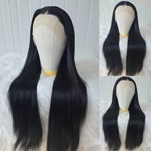 13x4 Long Straight 28 Inch Black Brown Natural Lace Front Wig, Lace Front Synthetic Wig With Pre-Plucked Hairline, Heat Resistant Fiber Hair, Silky Straight Wig For Women, Cosplay, Party, Daily Use - Black - View 3