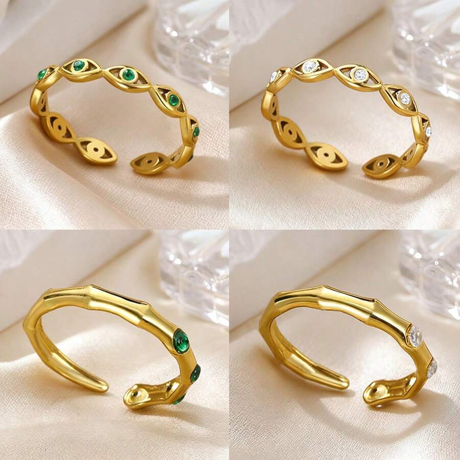 1枚复古绿色锆石邪眼戒指，女士不锈钢18K镀金竹骨戒指，低过敏防水首饰，圣诞节、生日、新年礼物
