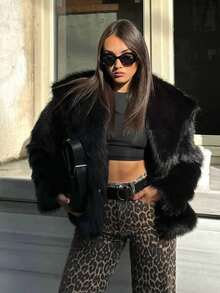 HH Faux Fur Jacket For Women Elegant Solid Lapel Long Sleeve Coat Casual Loose Female Winter Oversize Lady Chic Streetwear Jakcets - Black - View 11