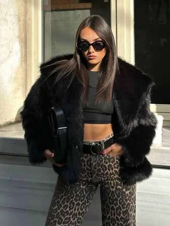 HH Faux Fur Jacket For Women Elegant Solid Lapel Long Sleeve Coat Casual Loose Female Winter Oversize Lady Chic Streetwear Jakcets