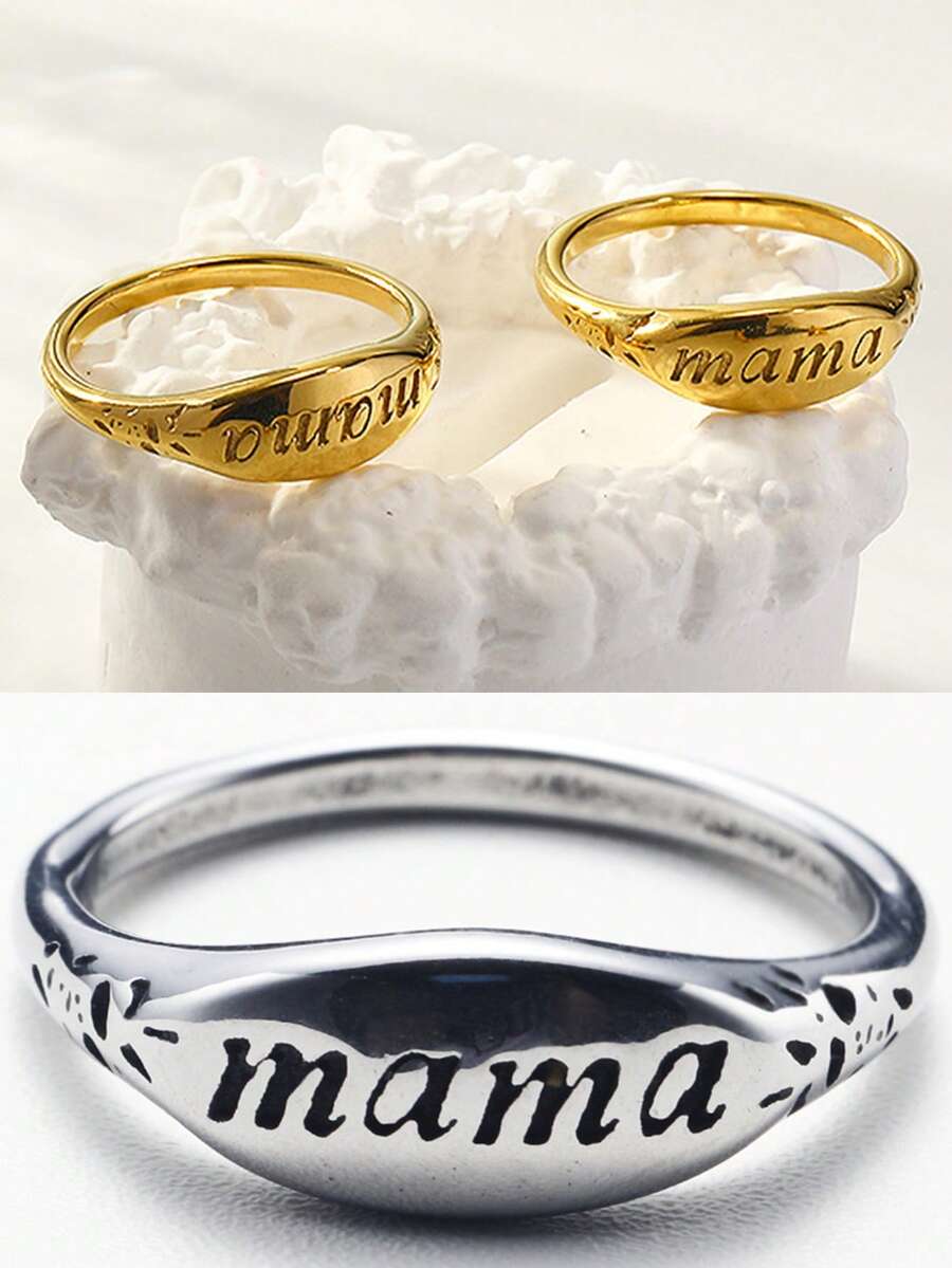 1枚/2枚/7枚装金/银刻字“妈妈”戒指，不锈钢素面钛钢戒指，男女皆宜，情人节、生日、婚礼、派对、日常佩戴皆可，附赠首饰盒