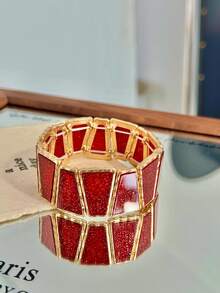 1pc Vintage Geometric Resin Inlaid Zinc Alloy Elastic Rope Bracelet For Women, Fashionable For Daily, Vacation, Party - Trapezoidal Micro-flash - View 4