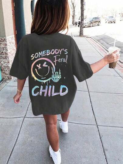 Teenager Girls' Tropical Print Round Neck Short Sleeve T-Shirt, Summer Top