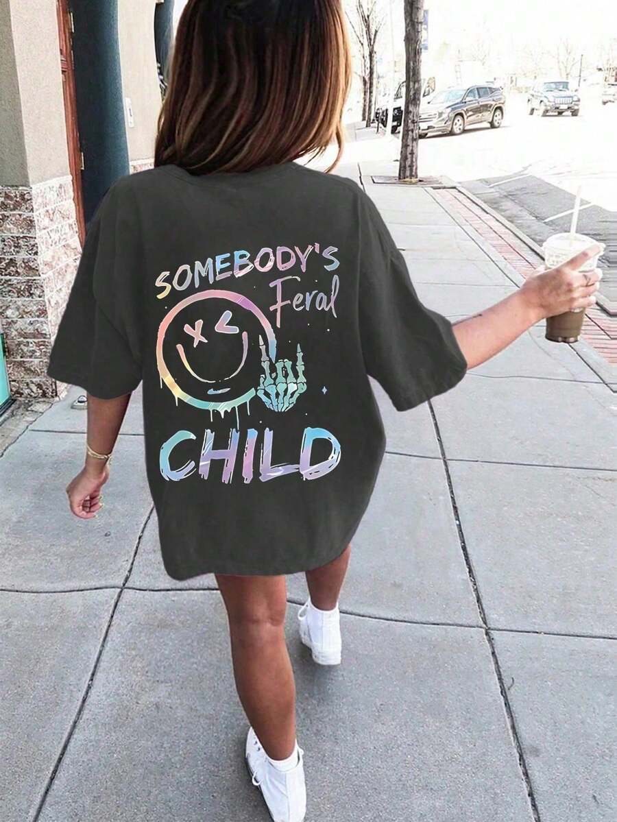 Teenager Girls' Tropical Print Round Neck Short Sleeve T-Shirt, Summer Top - Dark Grey - View 1