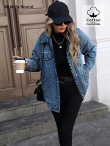 Mobula Sound# Casual Sports Fashion Women's Spring Autumn Winter Fleece Windproof Jacket, Blue Y2K College Student Style, Young Lady - Fried Flower Dark Blue - View 3