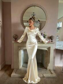 优雅垂坠领长袖露背美人鱼裙、鸡尾酒会礼服、婚礼宾客礼服、圣诞礼服 - 奶油黃 - 查看 3