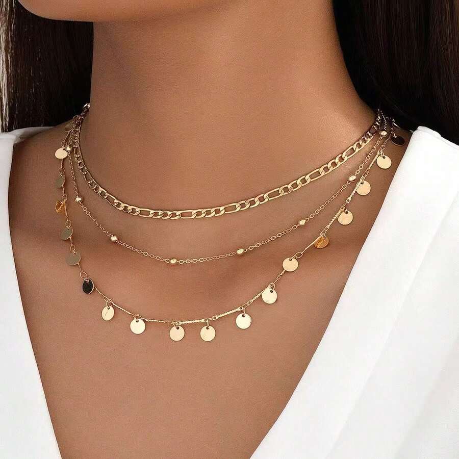 1件装时尚个性化圆形吊坠三层链项链（可定制长度，吊坠和珠子的数量可能有所不同） - 金黃色 - 查看 1