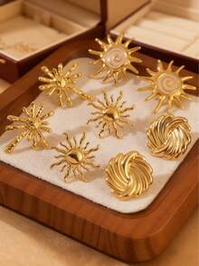 4件/3件装时尚不锈钢耳钉，独特旭日形设计，适合女性日常通勤、旅行或节日派对佩戴。 - 金黃色 - 查看 10