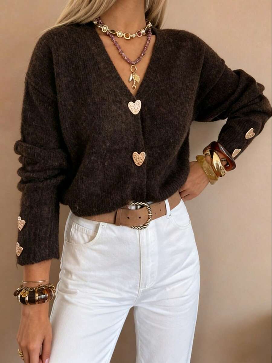 SEREN V-Neck Long Sleeve Loose Knit Cardigan, Women's New Designer Fashion Piece With Metal Heart Button Decor, Casual Soft Everyday Jacket Sweater, Suitable For Valentine's Day - Coffee Brown - View 1