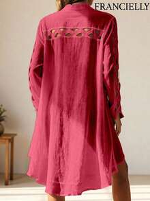 Saída de praia feminina evasê, modelo vazado rosa com recortes, leve e estilosa, tamanho único 38-42