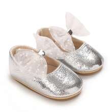 Baby Girl PU Dress Flats Soft Soles Dot Print Mesh Bow Mary Jane Shoes Casual Walking Shoes For Newborn Toddler - Bạc - Xem 4