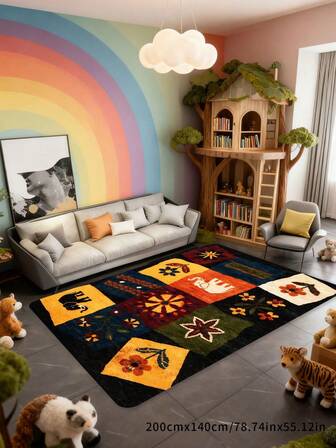 1pc Patchwork Floral & Animal Retro Pattern Carpet, Deep Black Core With Multicolor Geometric Blocks Featuring Elephant, Floral, Elements, Soft & Skin-Friendly Material, Living Room Carpet