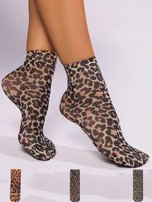 3双豹纹、蛇纹和虎纹蕾丝女袜，时尚透气，柔软舒适，适合女士夏季性感穿搭 - 彩色 - 查看 1