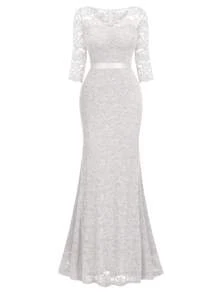 MIUSOL Elegant Women's V Neck Full Lace High Slim Mermaid Hem Maxi Dress, Sweetheart Neckline With 3/4 Sleeves, For Formal Evening Party, Wedding Guest, Birthday Event - 白色 - 查看 7