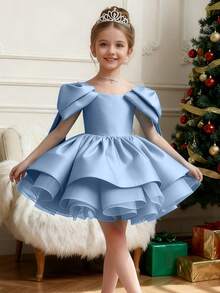 Elegant Blue Flower Girl Dress With Bow, Girls Evening Gown, Princess Dress, Prom Dress, Wedding, Birthday, Party, Christmas - Blue - View 3