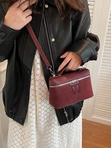 New Matte Patchwork Mini Handbag Crossbody Bag Phone Pouch, Fashionable Commuter Bag - Burgundy - View 2