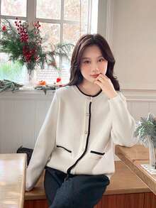 Áo len cardigan dệt kim rộng, Xuân/Thu - trắng - Xem 8