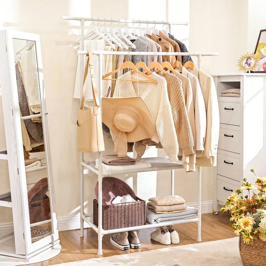 Stand Appendiabiti, Appendiabiti da Terra in Metallo con 2 Barre, 2 Ripiani Portaoggetti, Max Portata 70 kg, Montaggio Facile, Bianco - Circa 113*45*171 cm - Visualizzare 1