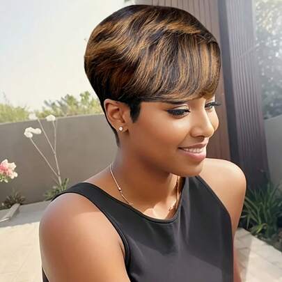 Ombre 1B/33 Color Short Pixie Cut Human Hair Wig - Black With Brown Layered Straight Style For Women, Rose Net Cap, Natural Look For Everyday Style, Fashion Accessory | Layered Style | Hair Texture, Short Hair Wig
