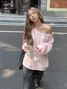 女士休闲刺绣吊带长袖套头衫 - 粉色 - 查看 3