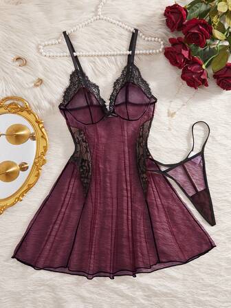 2 piezas Conjunto de lencería sexy para mujer - Camisón de gasa con ribete de encaje y tirantes ajustables