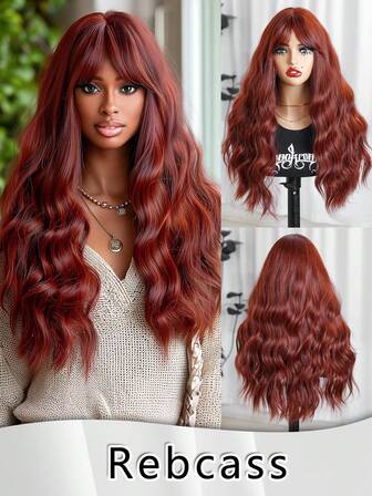 Burgunderrote Perücke mit Pony, lange Körperwelle Perücke für Frauen, 24 Zoll hitzebeständiges synthetisches Haar, Geschenke für Frauen, Weihnachtsdekoration, Weihnachtsgeschenke, Kostümperücke, geschichtete Frisur für den täglichen und Partygebrauch, hochwertige natürliche und schöne synthetische weiche Kunstfaser-Haare, Weihnachten