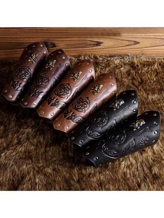1pc Viking Style Wrist Guards With Skull Decorations, 25.4*23.62cm, Faux Leather Bracelets, Suitable For Renaissance Costume Props, Halloween Costumes And Sports Training, Men'S Stage Performance Accessories, LARP Party Supplies, Without Battery