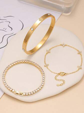 1 set Bracelet vintage à la mode en acier inoxydable avec trèfle à quatre feuilles, convient pour le port quotidien des femmes