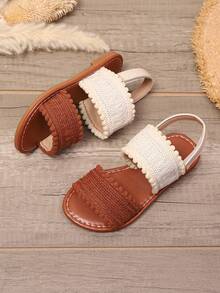 1 Pair White Toddler/Little Girls' Flat Beach Sandals, Brown & White Fabric Strap, Adjustable Hook & Loop Closure, Round Toe, Non-Slip, Comfortable, Cute Roman Style Sandals, Suitable For 3-12 Years Old Girls, For Party, Vacation, Casual Daily Wear, Summer Beach - White - View 6