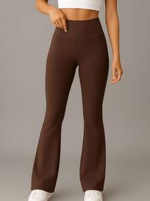 Women's Long Brown Flare Leggings, High Waist, Highly Stretchy Fabric, Comfortable For Yoga. - 鏽棕色 - 查看 5