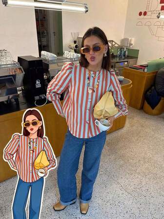 Women's Orange White Striped Blouse Puff Sleeve Round Neck Casual Long Sleeve Shirt For Daily Streetwear