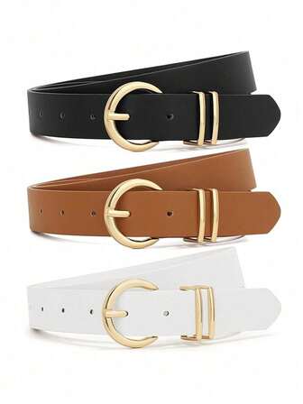 3pcs Fashion Gold Metal Buckle Jeans Buttons, Casual Round & Square Buckle Belts For Men & Women