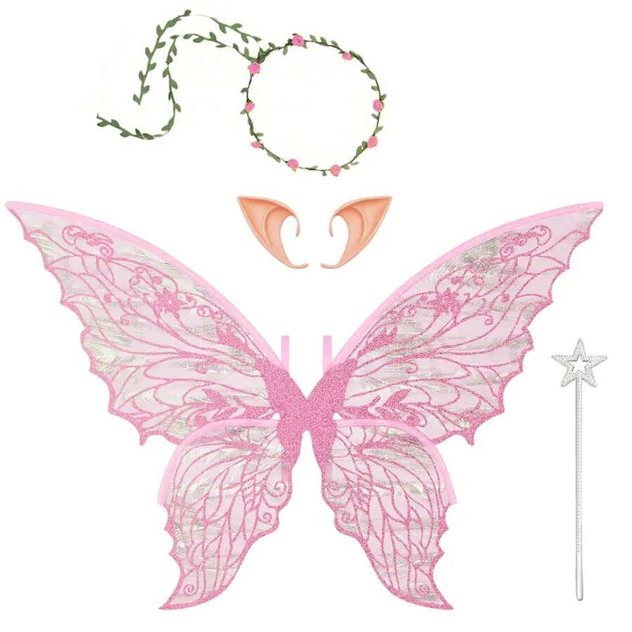Alas de hadas para adultos y niñas, conjunto de disfraz de hada con guirnalda floral, oropel de pelo de hada, varita y orejas de elfo F3WR - Rosa - Ver 1