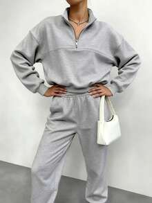 Women's Fleece-Lined Two-Piece Tracksuit - Loose Fit Autumn Casual Wear, Comfortable Sporty And Relaxed Style, Suitable For Loungewear (Multiple Colors) - Xám - Xem 3