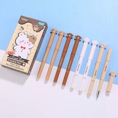 12pcs Cartoon Bear Erasable Gel Pen Set, 0.5mm Erasable Pen In Sky Blue, Adorable Patterns, Built-In Eraser, Suitable For School, Home, Party And More