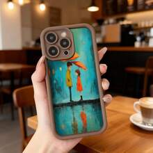 Cubierta de telefono con borde negro y diseño artístico de pareja bajo paraguas en lluvia color azul turquesa para uso diario en cafeterías y espacios urbanos Aplicable a los teléfonos de la serie Apple y Galaxy - Negro - Ver 4