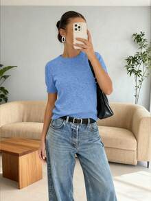 FOR BEAUTY New Spring And Summer Women's Knitted Short-Sleeved Top, Casual And Minimalist Style Sky Blue Pure Color Round Neck Pullover, Suitable For Daily Wear And Commuting T-Shirt - Blue - View 3