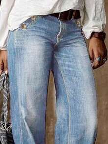 女式直筒水洗牛仔裤（无腰带） - 淺色水洗藍 - 查看 2